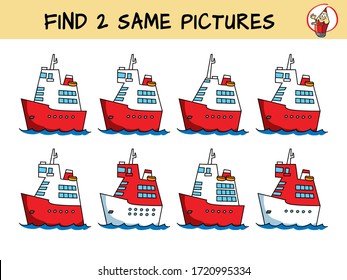 Cruise ship. Find two the same pictures. Educational matching game for children. Cartoon vector illustration