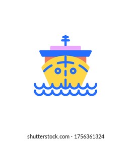 Icono plano de crucero, signo vectorial, pictograma colorido de barco de carga aislado en blanco. Símbolo de viaje en crucero, ilustración del logotipo. Diseño de estilo plano