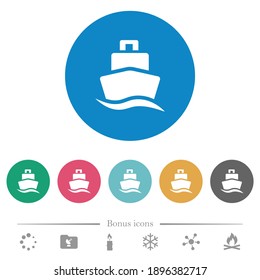 Cruise ship flat white icons on round color backgrounds. 6 bonus icons included.