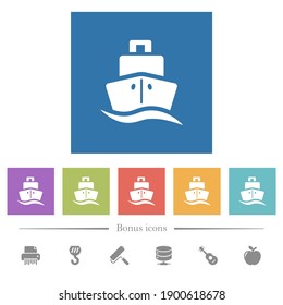 Cruise ship flat white icons in square backgrounds. 6 bonus icons included.