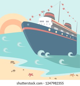 Cruise ship floating under the sun at sea. Colorful luxury liner near the beach with starfishes and stones on it. Vector background with summer view and a ship moored alongside the bay.