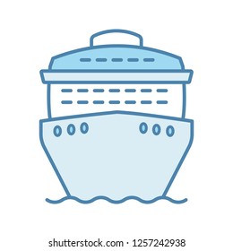 Cruise ship in front view color icon. Ocean liner. Boat, cruiseship, ferry. Water transport. Summer voyage. Isolated vector illustration