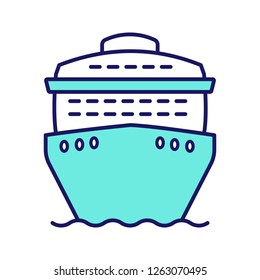 Cruise ship in front view color icon. Ocean liner. Boat, cruiseship, ferry. Water transport. Summer voyage. Isolated vector illustration