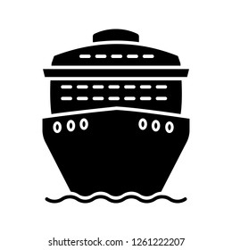 Cruise ship in front view glyph icon. Ocean liner. Boat, cruiseship, ferry. Water transport. Summer voyage. Silhouette symbol. Negative space. Vector isolated illustration