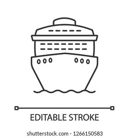 Cruise ship in front view linear icon. Ocean liner. Thin line illustration. Boat, cruiseship, ferry. Water transport. Summer voyage. Contour symbol. Vector isolated outline drawing. Editable stroke