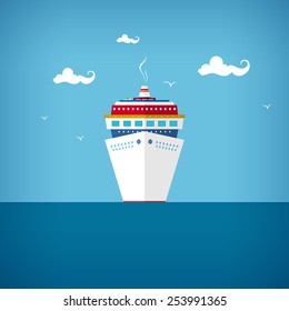 Cruise ship, a front view of the passenger ship, liner at sea or in the ocean in a sunny day, vector illustration