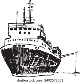 A cruise ship front view sketch with  additional boat on the side. Simple marine ink sketch. Nautical theme vector drawing. Vehicle illustration.