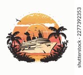 Cruise ship in front of a vintage sunset
