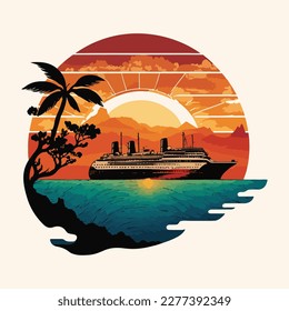 Cruise ship in front of a vintage sunset