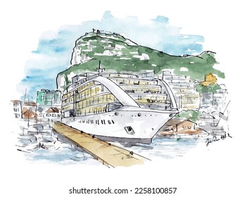 Cruise ship Gibralter travel holiday vacation boat port watercolor sketch vector.