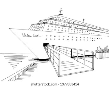 Cruise ship graphic black white landscape sketch illustration vector