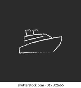 Cruise ship hand drawn in chalk on a blackboard vector white icon isolated on a black background.