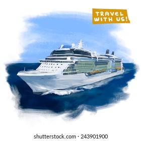 Cruise Ship Hand Drawn Vector Colorful Illustration 