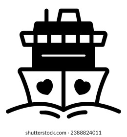 Cruise ship with hearts solid icon, love and relationship concept, honeymoon trip vector sign on white background, glyph style icon for mobile concept and web design. Vector graphics