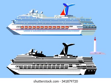 Cruise ship, high detail, black-and-white and color. Isolated on blue, vector illustration