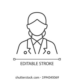 Cruise ship hostess linear icon. Helping passengers during traveling. Talk to visitors. Thin line customizable illustration. Contour symbol. Vector isolated outline drawing. Editable stroke