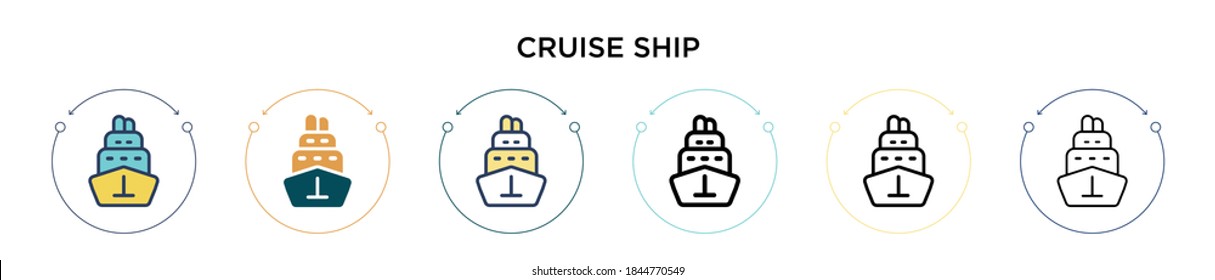 Cruise ship icon in filled, thin line, outline and stroke style. Vector illustration of two colored and black cruise ship vector icons designs can be used for mobile, ui, web