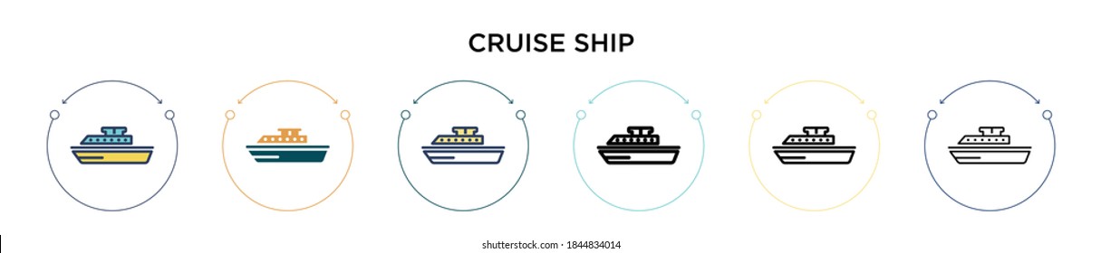 Kreuzschiff-Icon in vollem, dünnen Linie, Umriss und Strich-Stil. Vektorgrafik von zwei farbigen und schwarzen Kreuzfahrtschiffen-Vektorgrafiken-Designs kann für mobile, iPhone-, web-basierte
