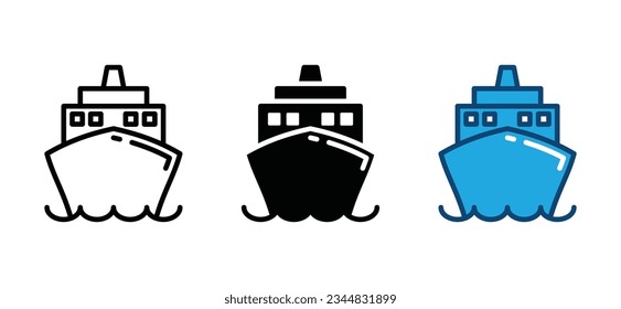 cruise ship icon front view in line and flat style. Yachts, Voyage icon symbol on white background. Vector illustration