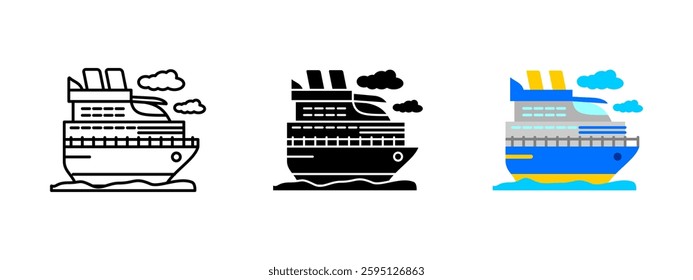 Cruise ship icon. Large passenger vessel for sea travel and luxury vacations. Maritime transportation symbol. Suitable for tourism, ocean journeys and holiday adventures vector illustration.