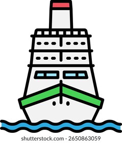 Cruise Ship Icon on Water, Travel and Vacation Concept