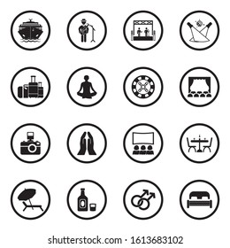 Cruise Ship Icons. Black Flat Design In Circle. Vector Illustration.