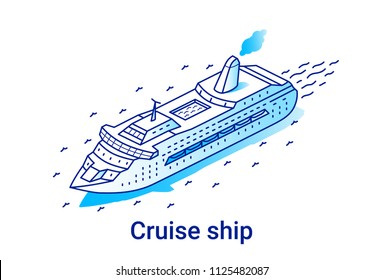 Cruise ship illustration in linear isometric style. Minimal art line. 