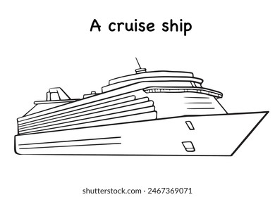 Cruise ship illustration outline vector, cruise icon, yacht symbol, comfortable big boat clipart isolated on white for memory souvenirs, poster, tickets, gift card, banner design. summer vacation