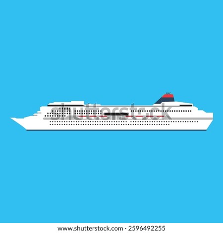 Cruise ship isolated. Cruise ship icon. Cruise ship vector. Symbol ship for transportation. Blue background, white cruise, transport, sign, logo, container, aerial, ocean, graphic, illustration, flat.