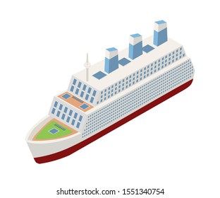 Cruise ship isometric vector illustration. Luxury vacation sea vessel clipart isolated on white background. Passenger liner color drawing. Modern 3D watercraft icon. Travel and recreation