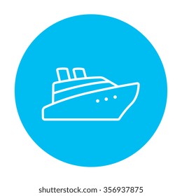 Cruise ship line icon for web, mobile and infographics. Vector white icon on the light blue circle isolated on white background.