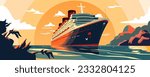 Cruise ship liner, beautiful orange sunset, ocean vacation, hill, mountain, water ocean, carribean sea, sunrise, palm, island, tour, large boat, beach, nautical maritime adventure. Vector illustration