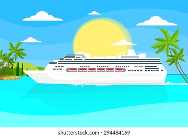 Cruise Ship Liner Tropical Island Summer Ocean Vacation Flat Vector Illustration