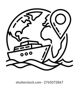 Cruise ship location marker and globe line art icon