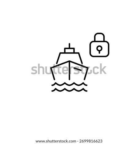 Cruise ship and lock. Passenger security, safe voyage. Pixel perfect, editable stroke vector icon