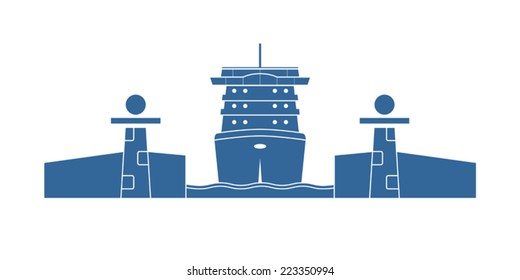 Cruise ship in a lock. Vector illustration.