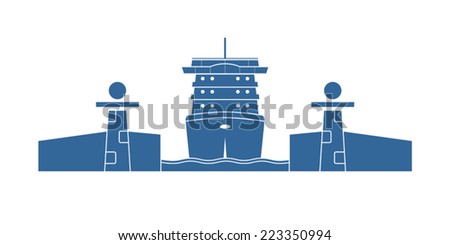 Cruise ship in a lock. Vector illustration.