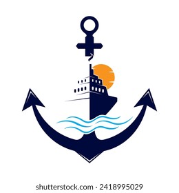 cruise ship logo design vector with anchor