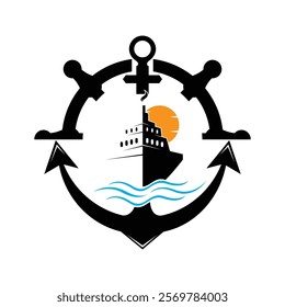cruise ship logo design vector with anchor and ship steering wheel