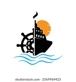 cruise ship logo design vector with ship steering wheel