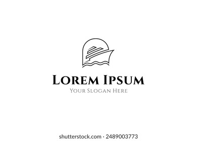 cruise ship logo with ocean waves in minimalist linear design style