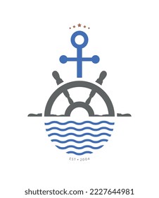 Cruise ship logo with ship steering wheel and anchor.