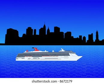 Cruise ship with Lower Manhattan  skyline illustration