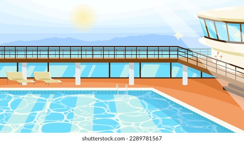 Cruise ship luxury resort with pool. Wooden boat deck with poolside and chaise lounges. Blue and clear water in the swimming pool. Seascape on background. Voyage trip poster. Flat vector illustration