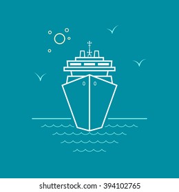 Cruise Ship, Marine Emblem with Passenger Ship or Carrier , Line Style Design, Design Element, Vector Illustration