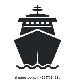 Cruise ship nautical vessel silhouette black minimalist icon vector flat illustration. Marine tour tourism passenger transportation boat front view maritime journey monochrome badge