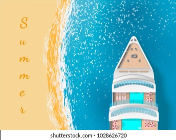 Cruise ship near the beach. top view sea. text summer. vector illustration