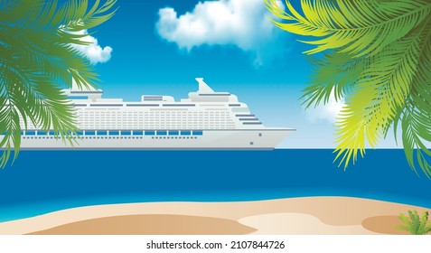 Cruise ship near the island with palm trees in the Caribbean. Early travel booking. Travel banner. copy space. Vector illustration