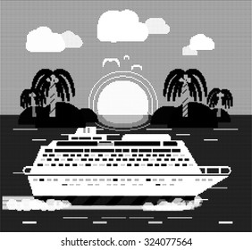 Cruise ship near island. Water tourism. Icons of traveling, planning a summer vacation, tourism and journey objects. Halftone pattern, dots, halftone background, halftone dots, grunge, grunge halftone