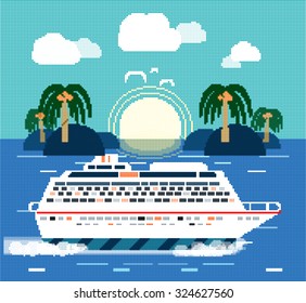 Cruise ship near island. Water tourism. Icons of traveling, planning a summer vacation, tourism and journey objects. Halftone pattern, dots, halftone background, halftone dots, grunge, grunge halftone
